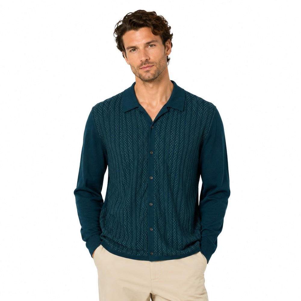 Bonobos Mens Vertical Tuck Stitch Stripe LS Cardigan Polo Teal Green XXL New